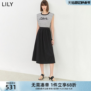 LILY2025夏新款女装复古条纹设计感宽肩时尚拼接假两件高腰连衣裙