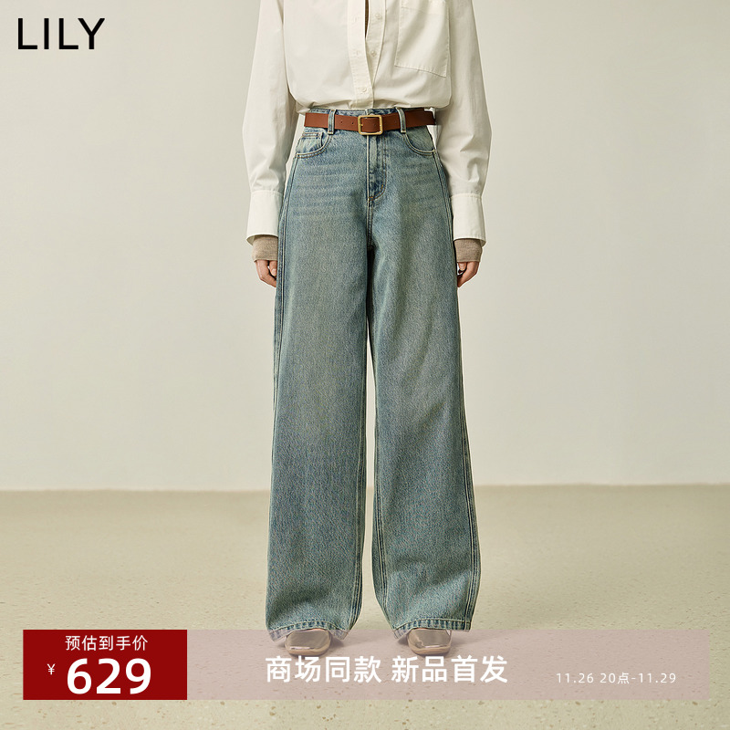 【商场同款】LILY2024冬新款女装全棉直筒做旧百搭阔腿裤牛仔裤女
