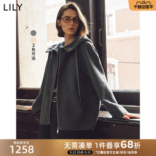 LILY2025冬新款女装100%羊毛连帽设计感宽松百搭双面呢休闲外套女