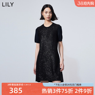 LILY2025春新款女装别致珠片气质通勤都市显瘦连衣裙小黑裙小个子