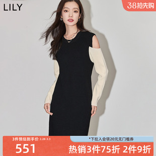 LILY2024春新款 连衣裙女小黑裙小个子女 设计感撞色内搭中长款 女装