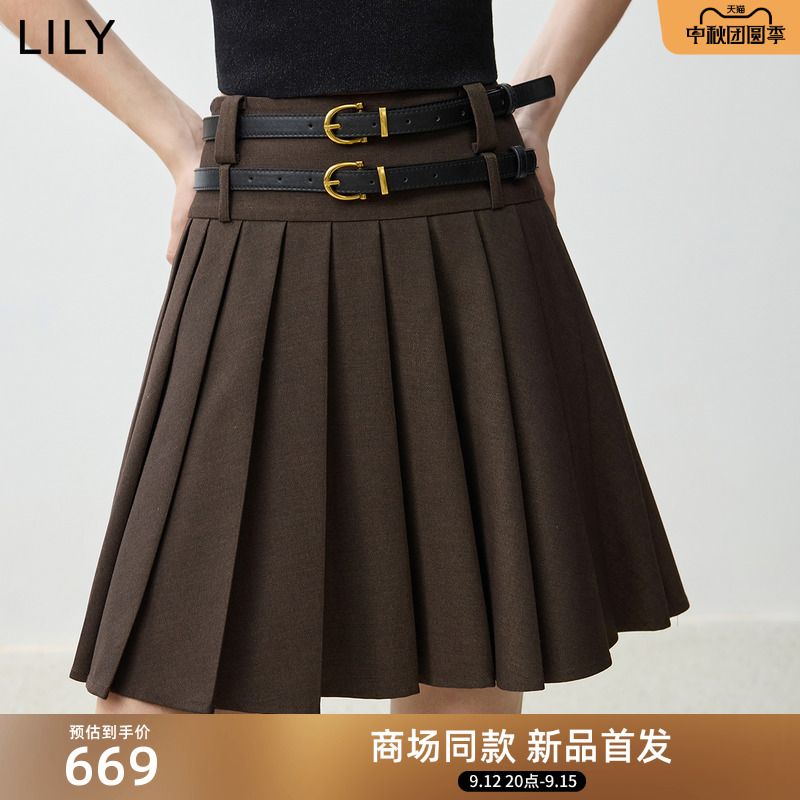 【商场同款】LILY2025秋新款复古双腰头百搭通勤百褶裙半身裙短款