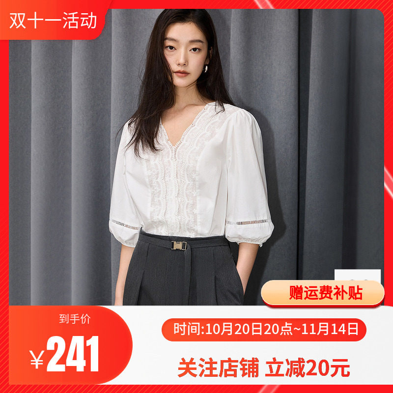 LILY2025夏新款女装法式重工花边V领全棉白色泡泡袖套头雪纺衫