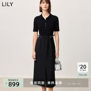 【商场同款】LILY2025春新款女装设计感针梭拼接收腰黑色连衣裙