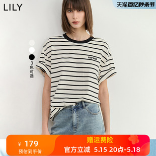 呼吸Tee LILY2024夏新款 撞色条纹微廓形基础百搭宽松白T恤女