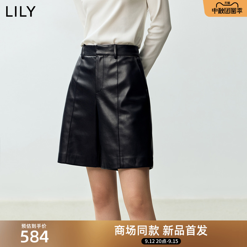 【商场同款】LILY2025秋新款都市时髦宽松显瘦H型PU皮裤女款短裤