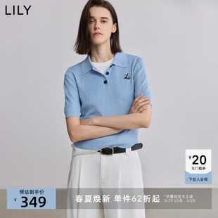 女装 百搭通勤蓝色短袖 LILY2025夏新款 POLO领休闲修身 针织衫 短款