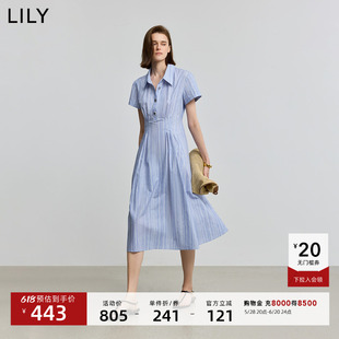 LILY2025夏新款女装学院风翻领休闲通勤收腰百搭蓝色衬衫式连衣裙