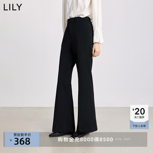 LILY2025冬新款女装复古窄版休闲弹力加绒气质通勤黑色微喇裤西裤
