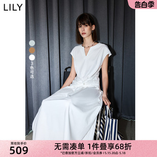 LILY2025夏季 宽肩显瘦纯色连衣裙 新品 V领收腰修饰身型遮肉小飞袖