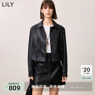 【商场同款】LILY2025春新款女装复古正肩休闲黑色皮衣夹克外套
