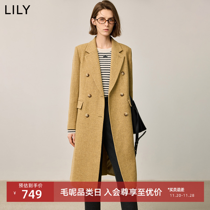 【100%绵羊毛】LILY长款高级感大衣女2025冬季新款通勤风毛呢外套