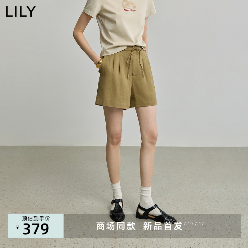 【商场同款】LILY2025秋新款莱赛尔亚麻复古宽松抽绳休闲裤女短裤