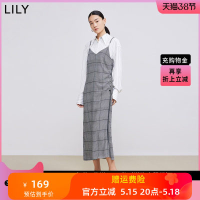 【商场同款】LILY2022春新款女装优雅千鸟格设计感抽绳吊带连衣裙