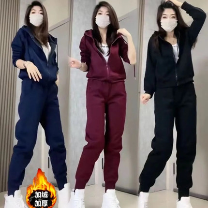 休闲运动套装女2024秋冬新款加绒加厚纯色连帽卫衣束口卫裤两件套