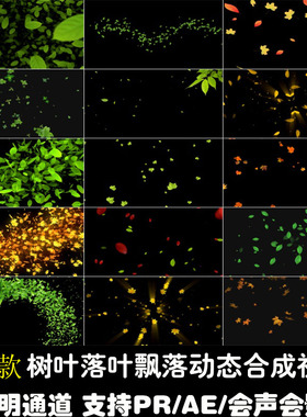 秋天落叶飘落枫叶绿色清新透明通道PRAE后期特效合成动态视频素材