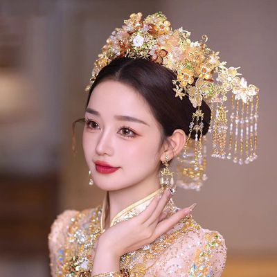 新款古典中式金色秀禾服新娘头饰简约大气古风龙凤褂古装婚礼饰品