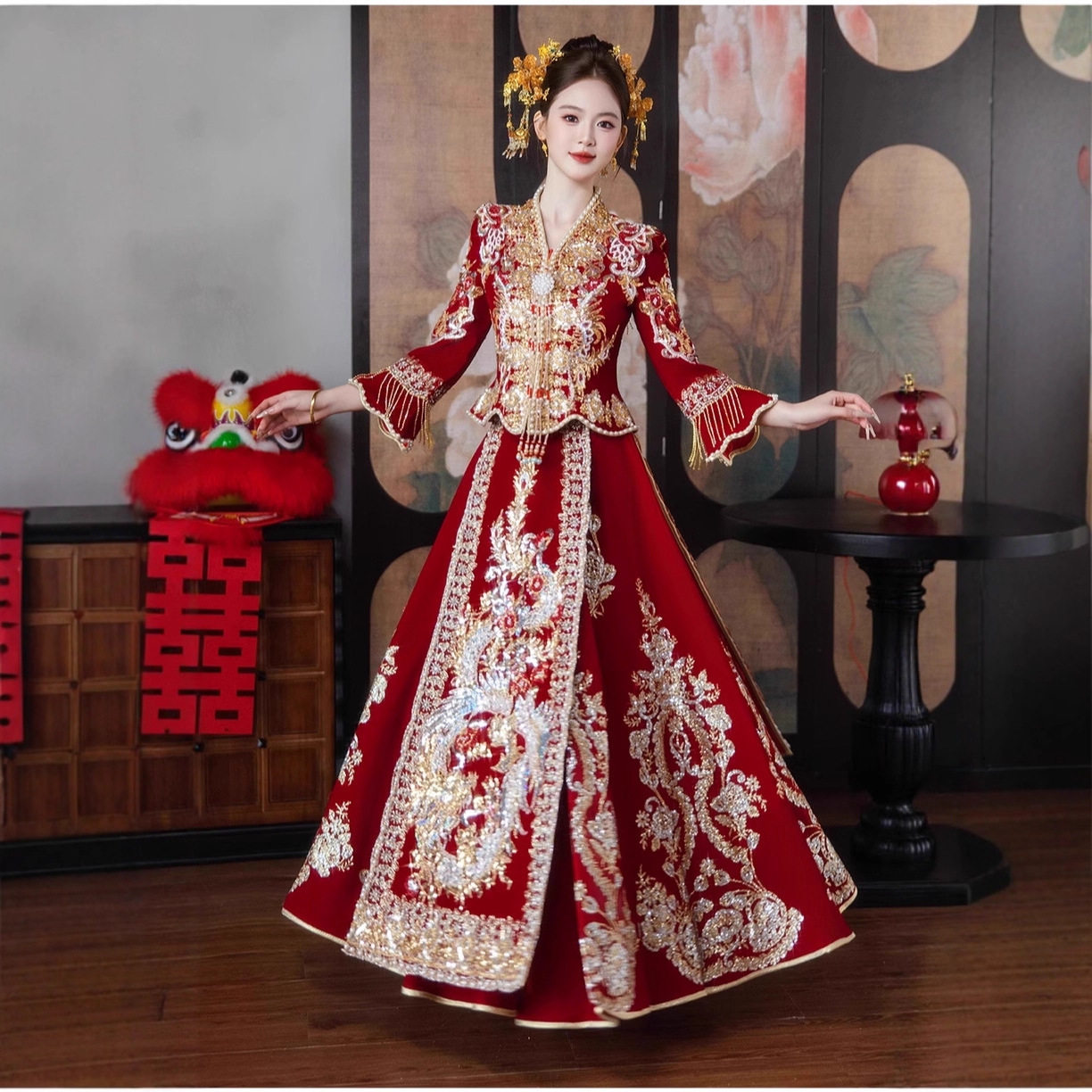 2026新款丝绒冬季重工V领秀禾服新娘结婚中式嫁衣龙凤褂婚服显瘦