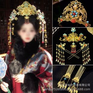 新款明制汉服贵女发饰中式新娘古风头饰秀禾凤冠结婚大气金色配饰