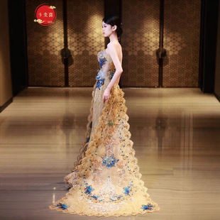 香槟金蓝秀禾服婚服新款 嫁衣冬 重工拖尾新娘婚礼敬酒服中式