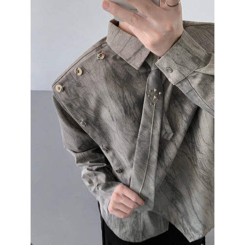 2025设计感男士晕染金属链条领带斜领垫肩衬衫撞色拼接长袖衬衣