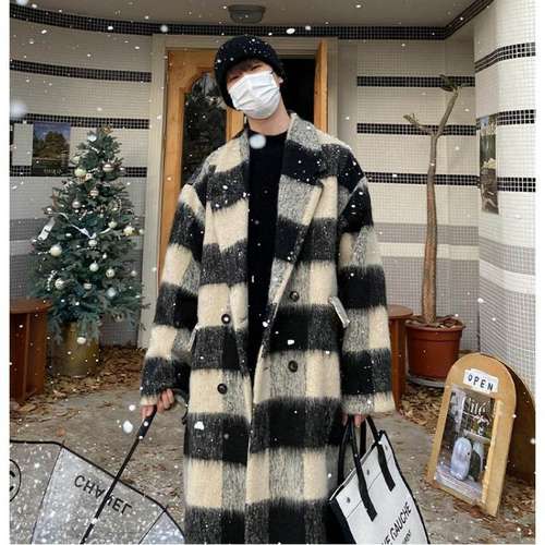 现货韩风拼色格纹中长款毛呢大衣男女过膝休闲呢子外套