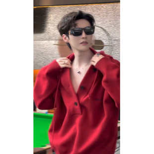 安克拉红连帽针织外套男款秋冬痞帅高级感上衣韩版英伦风V领帽衫