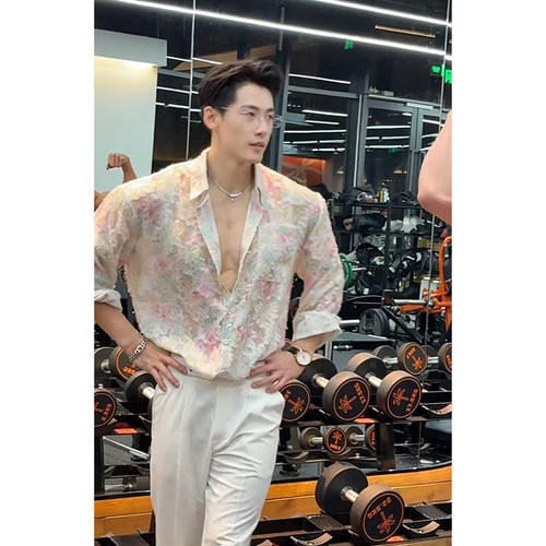 nzzg粉色镂空流苏防晒碎花衬衫男夏季薄款潮牌高级感痞帅长袖衬衣