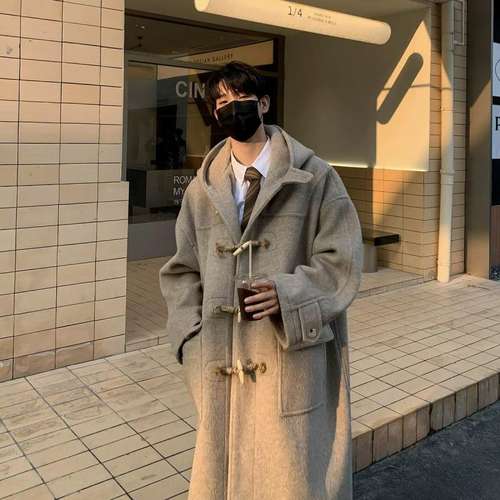 高品质15%羊毛男女同款羊毛呢大衣牛角扣风衣加厚复古冬长款大衣