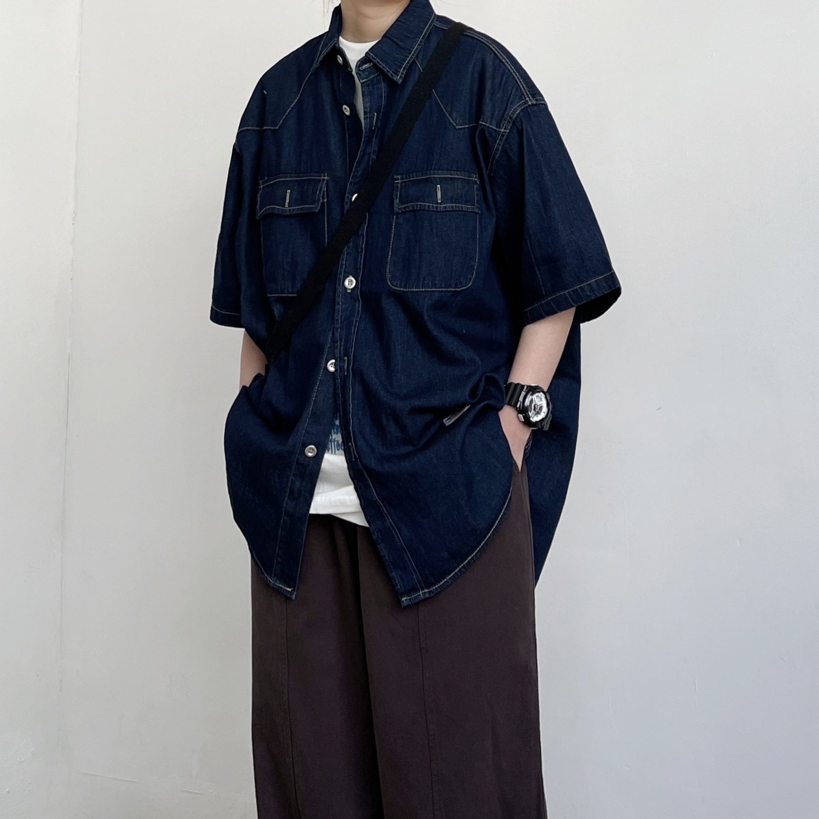 cityboy日系薄款牛仔短袖衬衫男女帅气潮流休闲宽松工装衬衣外套