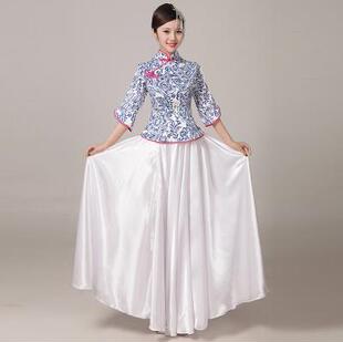 特价青花瓷民族民乐表演服古筝二胡琵琶演出服女装合唱礼服大摆裙
