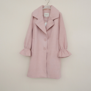 拉系列SML正品清仓 女冬宽松及膝大翻领仿毛呢外套大衣5A0530粉色