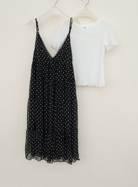 拉系列S/M正品超值 女夏季雪纺印花中长两件套连衣裙4A4874黑色