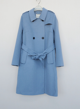 拉系SM专柜撤柜正品 女冬厚暖舒绒到膝双面呢外套大衣4A7288灰蓝