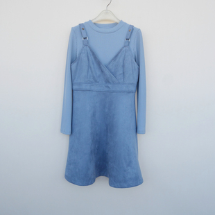 拉系列ML专柜断码 女秋冬上衣舒柔仿麂皮绒背带裙两件套6A1757灰蓝