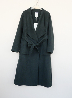 拉系SM撤柜正品 女冬厚柔宽松过膝保暖长款双面呢大衣6A1152墨绿