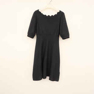 拉系S/M撤柜 女春秋厚柔修身冰丝毛线五分袖连衣裙6A2358黑色