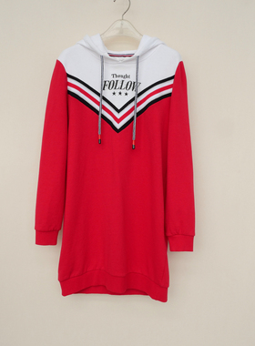 拉系列SM正品清仓 女春秋纯棉舒柔宽松连帽长袖卫衣裙5A1679大红