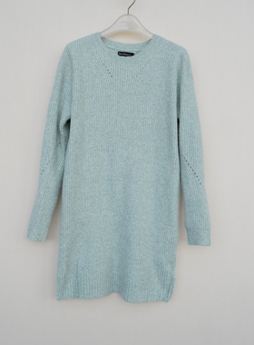 拉系列SM专柜正品 女冬厚柔中长过臀圆领长袖针织毛衣4A3866灰绿