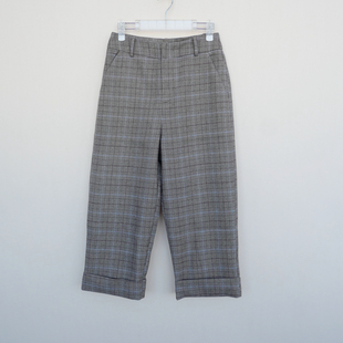 拉系列SML专柜正品 4A4286格子 女冬舒柔磨毛复合布高腰八分阔脚裤