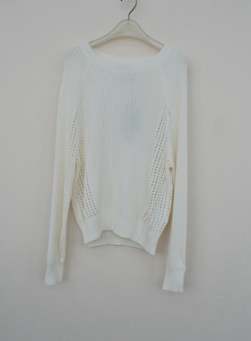 拉系SML撤柜正品 女春秋冰丝网眼宽松柔坠圆领长袖毛衣6A0855白色