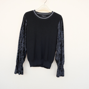 拉系SM撤柜正品女春秋亲肤绒袖拼接冰丝圆领长袖针织衫6A1592黑色