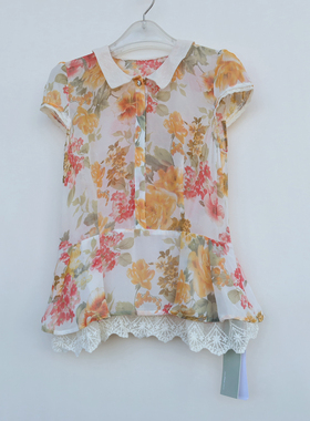 艾格淘特/S专柜正品 女夏凉彩色蕾丝雪纺印花短袖衬衫4E4183