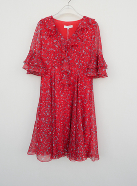 拉系列S/M/L正品超值 女夏漂亮金丝雪纺印花荷叶连衣裙4A7986红色