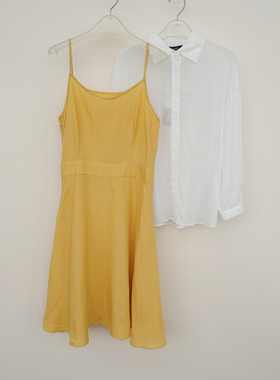 拉系列S/M/L专柜正品 夏薄纯棉天丝麻两件套过膝连衣裙4A2412黄色