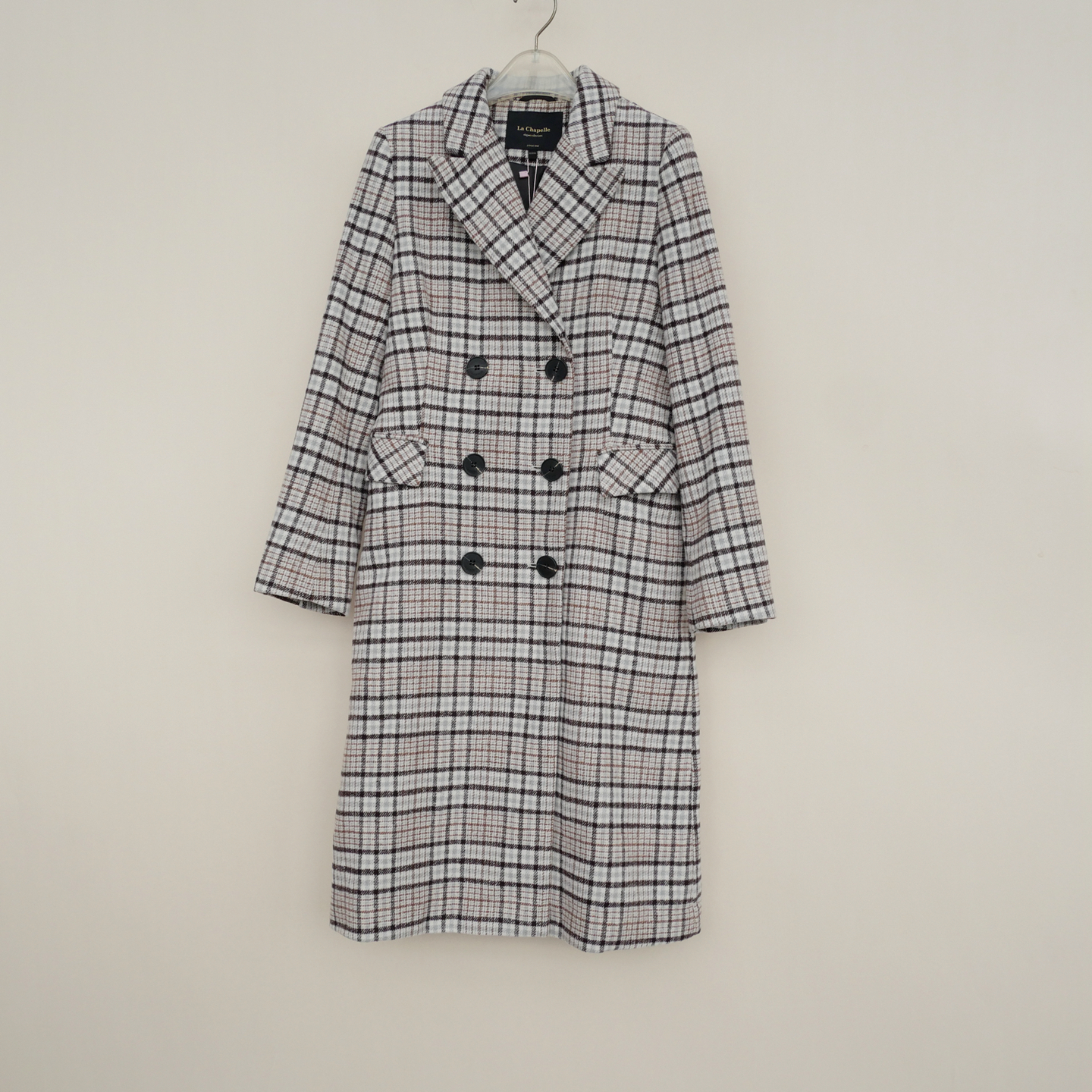 拉系列SM撤柜正品女冬舒柔修身盖膝双排扣毛呢外套大衣5A3930格子