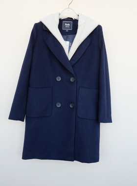 拉系列S撤柜正品女冬厚保暖正肩羊毛混纺呢外套短大衣6A2213藏青