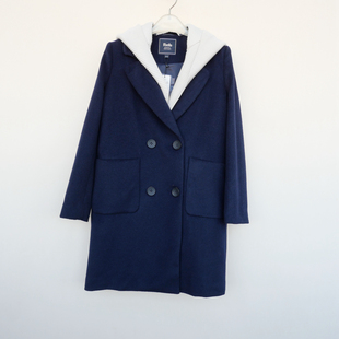 拉系列SM撤柜正品 女冬厚保暖正肩羊毛混纺呢外套短大衣6A2213藏青