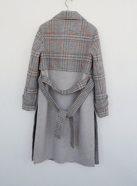 拉系SM大牌正品 女冬过膝加厚保暖羊毛混纺双面呢大衣4A7446格子