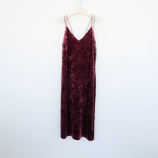 拉系SML专柜正品 女秋冬丝光绒中长过膝外搭吊带裙5A4271紫咖 清仓